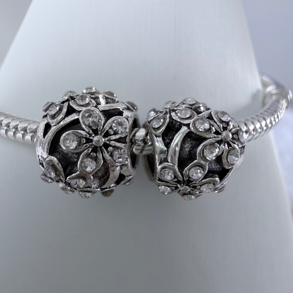 2 PCs Silver Bead Charm Fits Snake Chain Bracelet Floral Rhinestone Jewelry New - Picture 7 of 8
